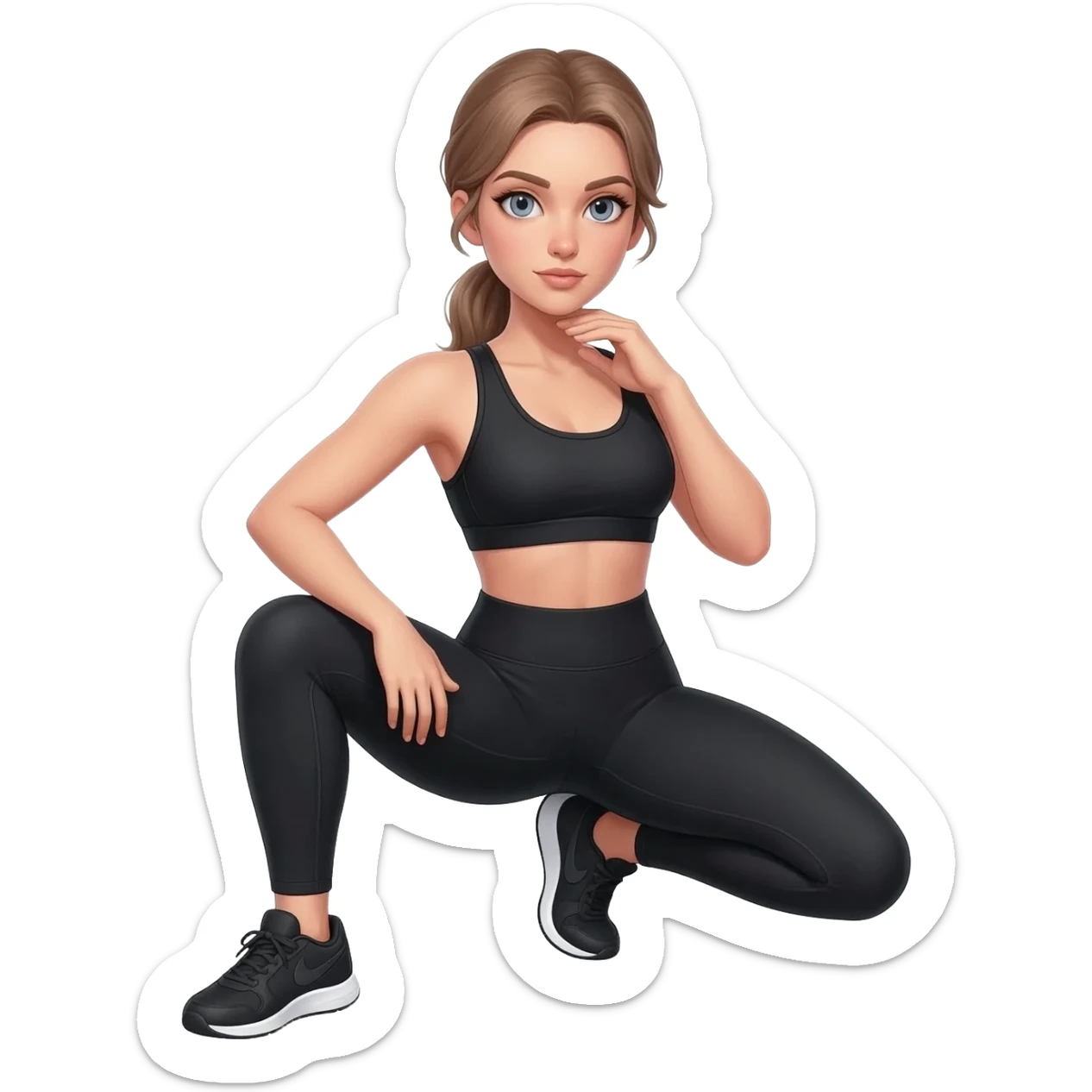 hand on neck, shoulder release pose, fair-skinned woman, gray-blue eyes, ash brown brows, ash light brown hair tied back, slim athletic body, black workout set, black sneakers with white soles sticker