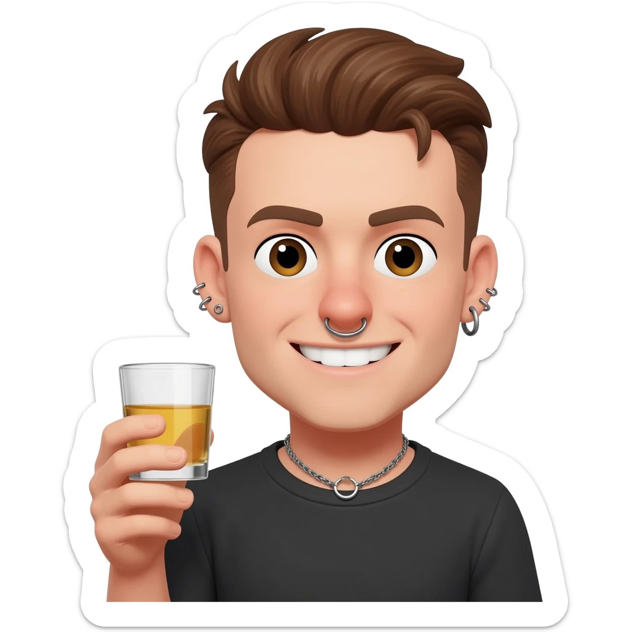 a brown hair guy with septum and earings with a smile drinking a shot sticker