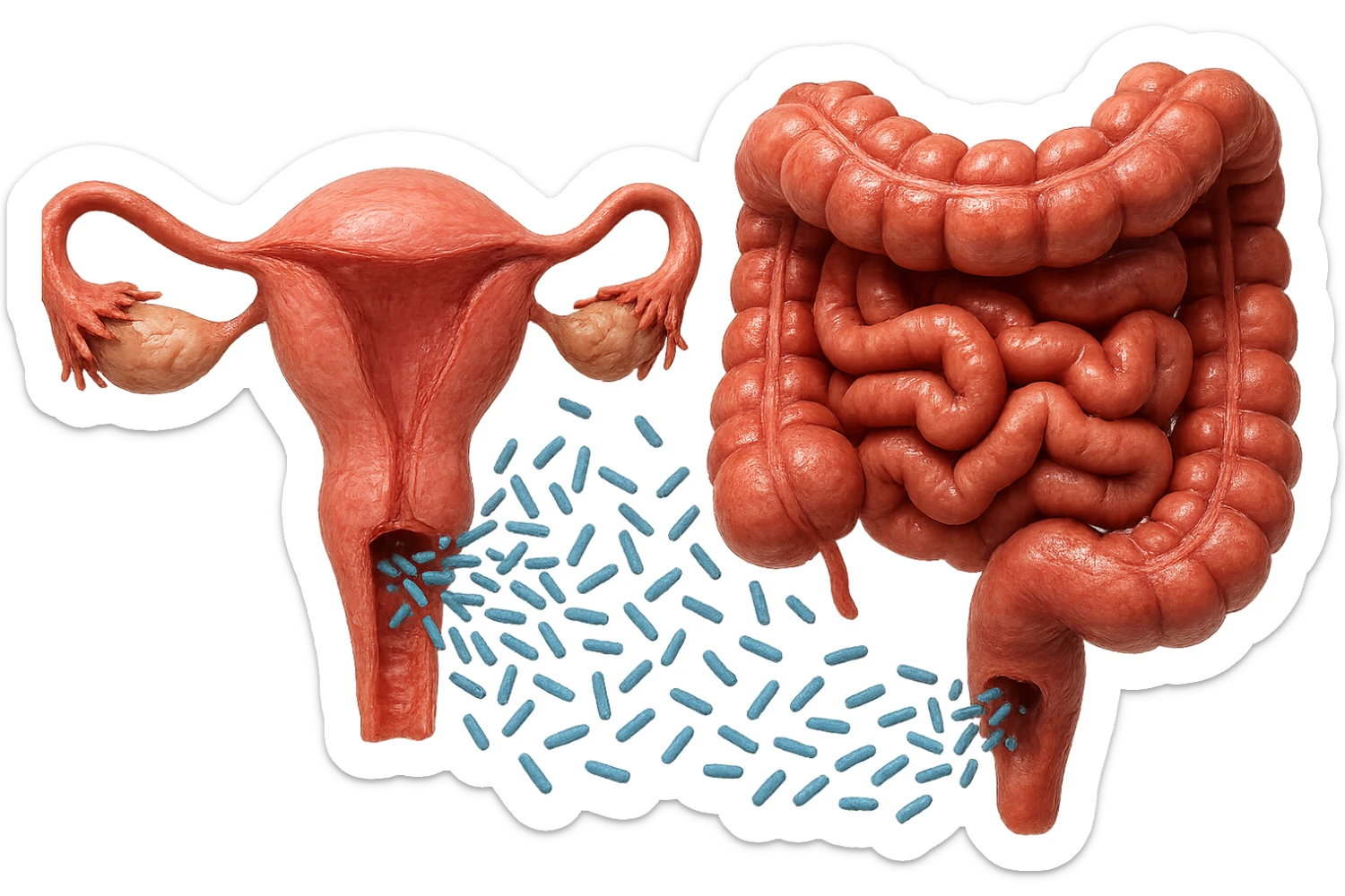 UTERO UMANO E INTESTINO ANATOMICI REALISTICI SONO UNO ACCANTO ALL'ALTRO E SI PASSANO I BATTERI A VICENDA, CON BATTERI CHE ESCONO DALL'INTERNO, IPERREALISTICO 4K, NON DISEGNATO sticker