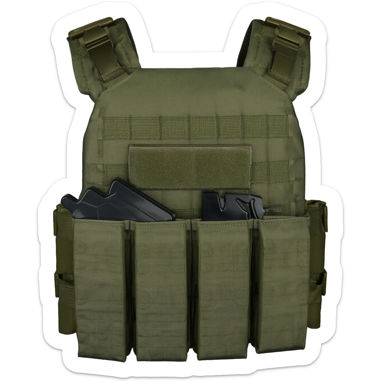Green fatigue plate carrier with magazine pouch sticker