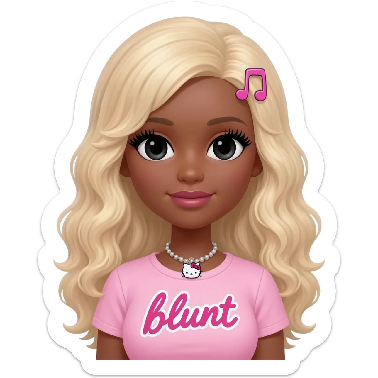 Long giant lashes, my melody hairclip, Doll faced shaped, hello kitty necklace, bimbo, black doll eyes, barbie, dark brown skin with long curly blonde hair, light pink bimbo shirt says "blunt" , big breast sticker