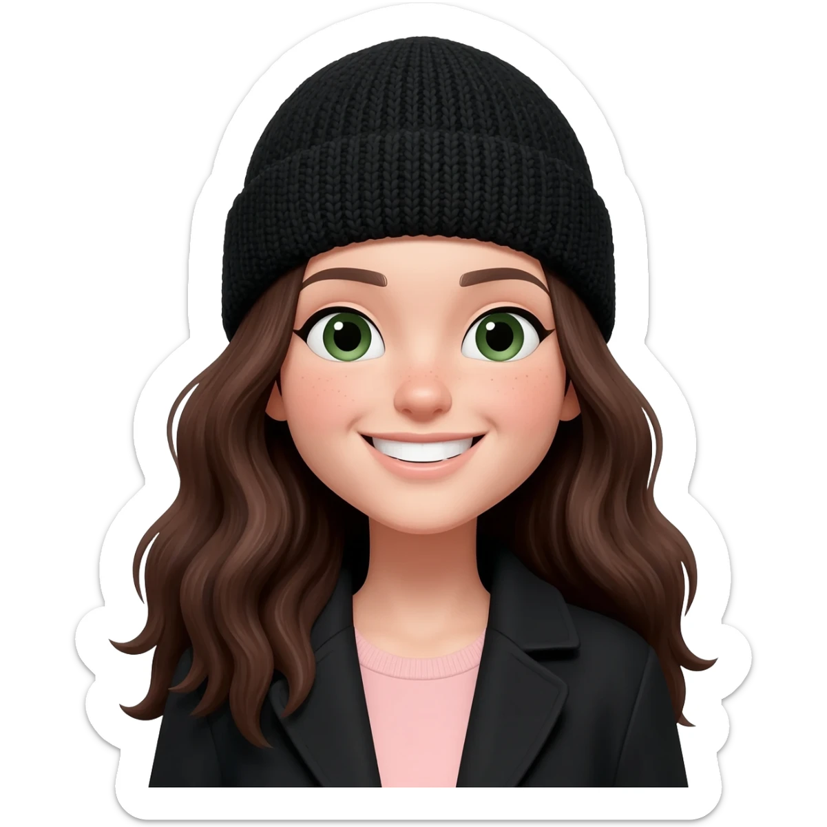 Create an emoji illustration of a smiling young woman with long, wavy dark brown hair and fair skin. Her face shape is oval and slightly round. She is wearing a black knit beanie and a black coat over a soft light pink top. She has dark green eyes and a wide natural smile. sticker