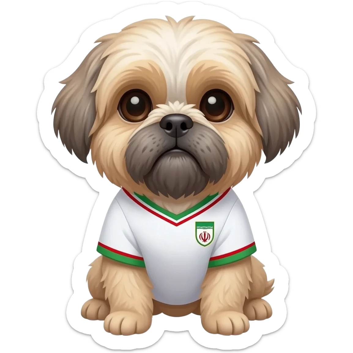 white and light brown shih zhu wearing a Iran soccer jersey v neck 2026 work cup sticker