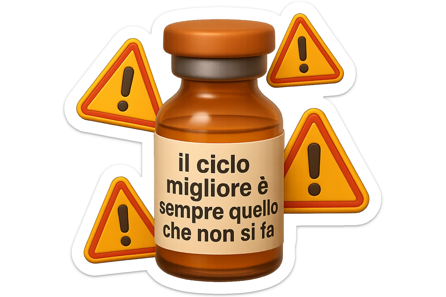 SU QUESTO STILE FAI UN EMOJI STILE IPHONE 3D DI UNa boccetta di fiala medica attorno alla quale fluttuano segnali di pericolo, sull'etichetta della boccetta c'è scritto "il ciclo migliore è sempre quello che non si fa", FALLO MOLTO REALISTICO IN 3D sticker