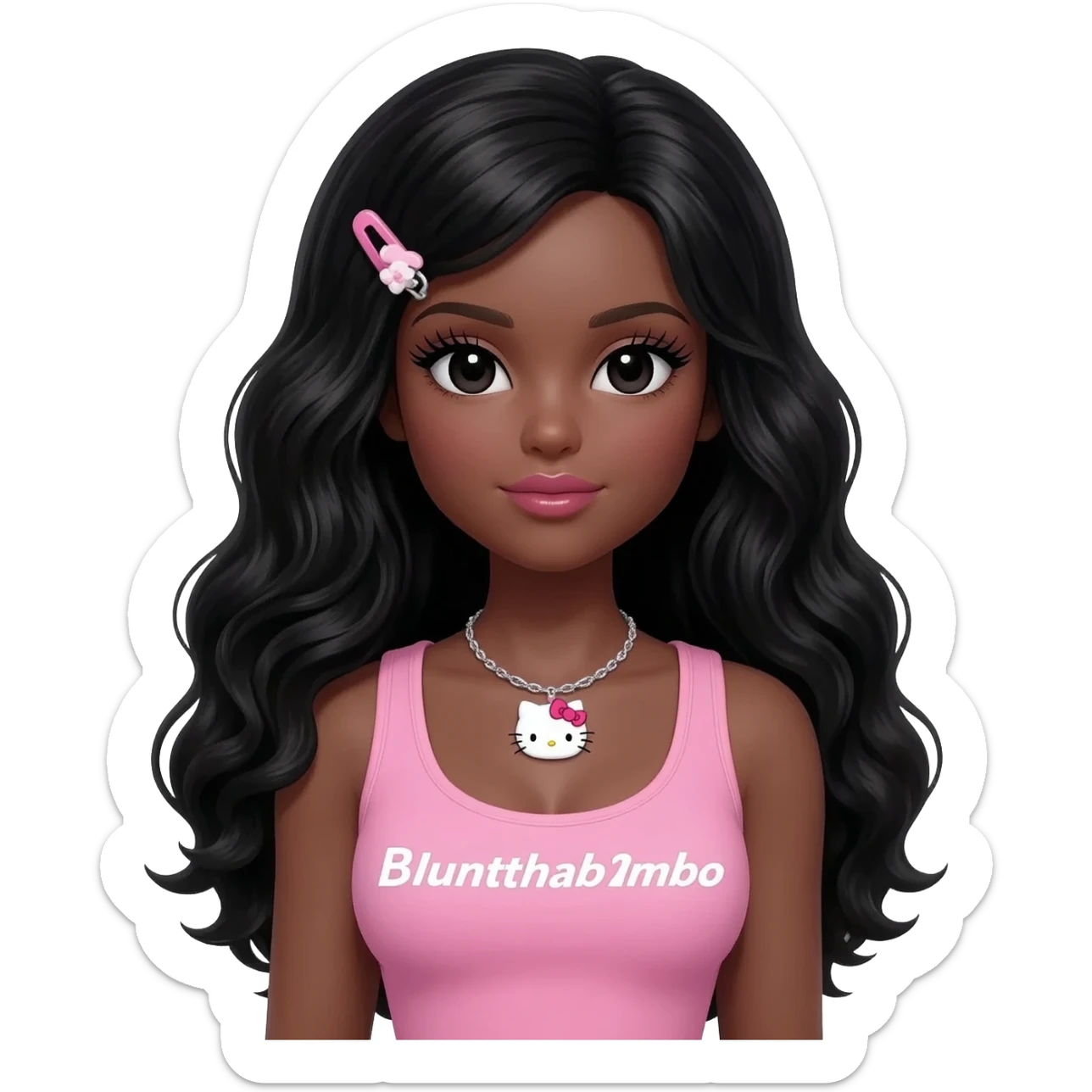 Long giant lashes, my melody hairclip, Doll faced shaped, hello kitty necklace, bimbo, black doll eyes, barbie, dark brown skin with long curls black hair, light pink bimbo sleeveless shirt says "bluntthab1mbo", big breast sticker