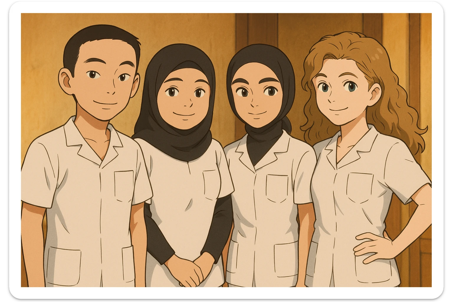 Group of four nursing students in white medical tunics with short sleeves, V-neck collars, and left chest pockets, in a warm indoor environment. No stethoscopes or undershirts. Friendly expressions and different postures, Ghibli style. sticker