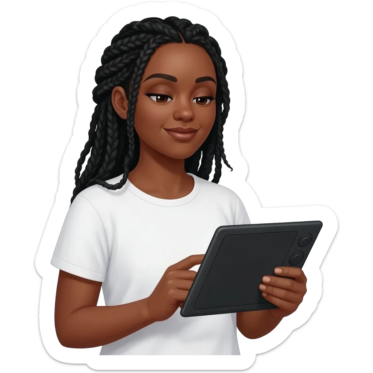 Emoji représentant une femme à la peau marron avec de longues braids noires regardant la tablette graphique dans ses mains sticker