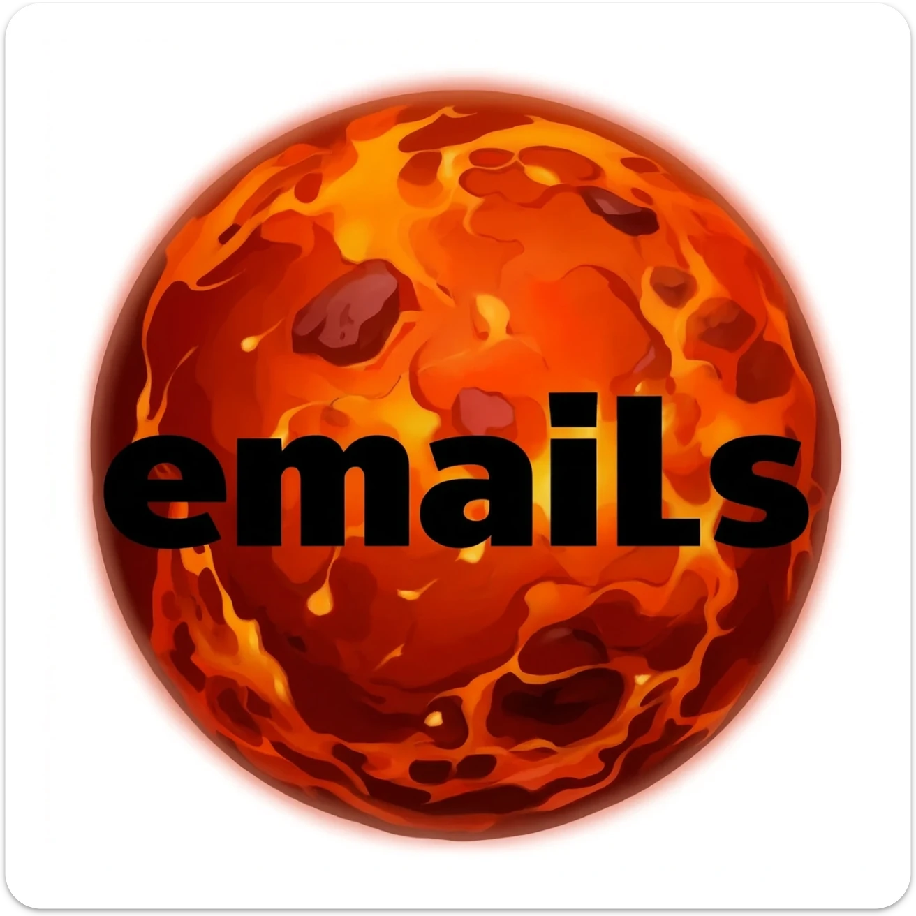 a red burning planet in a realistic style that has " e-mails" written on it with black letters sticker