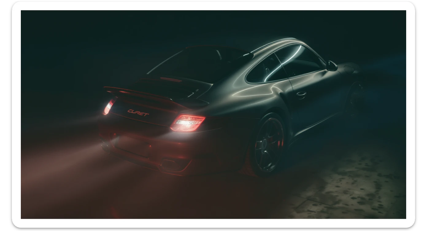 Medium shot of a porsche 911 made of russian capret, red solid studio background, low keu light, top soft light, dutch angle,  captured by arri alexa sticker