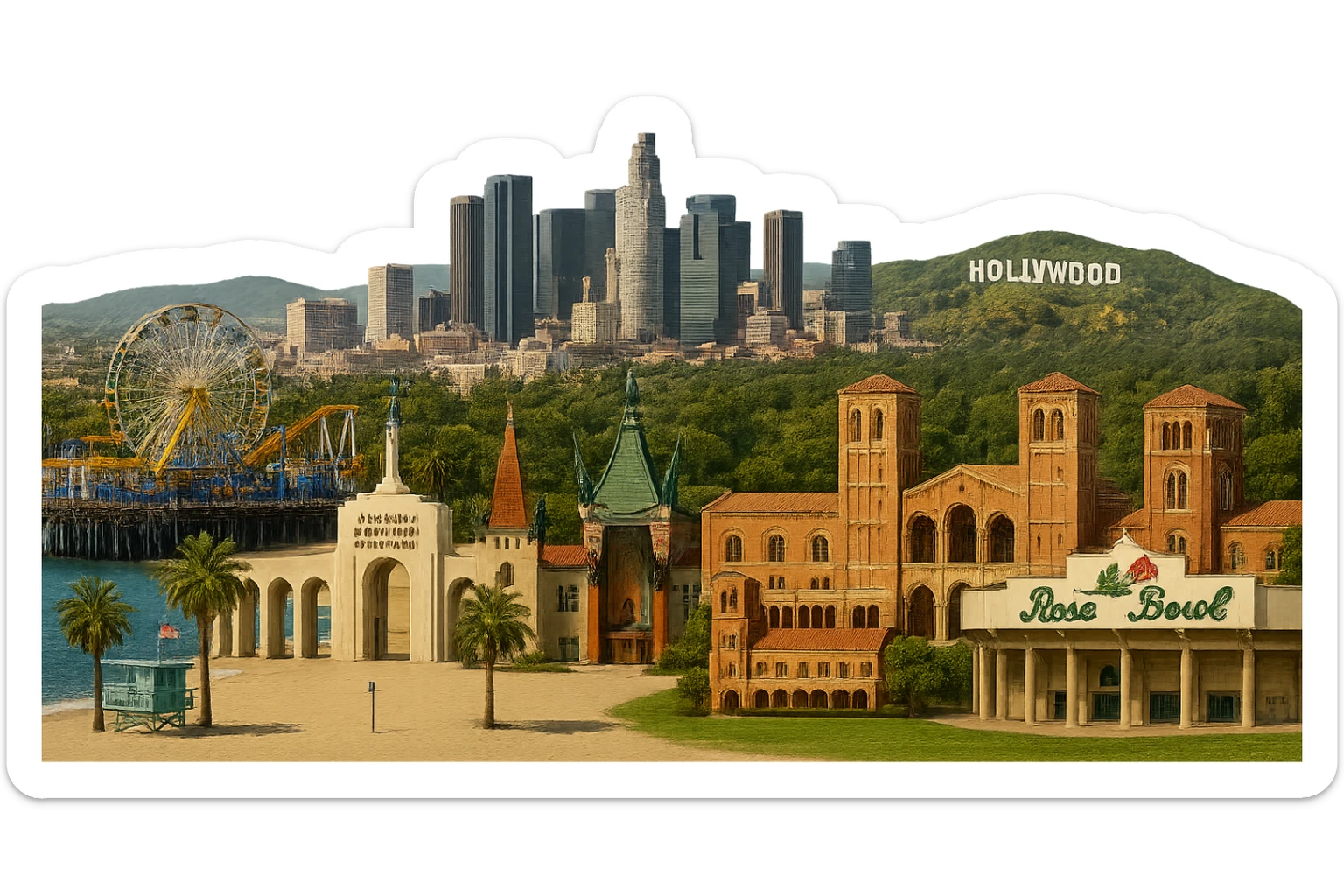 cinematic, realistic emoji of Los Angeles, featuring a wide city view with the Santa Monica Pier and beach, the iconic downtown LA skyline, the landmark arches of the Los Angeles Memorial Coliseum, the famous Chinese Theater, the Hollywood Sign, the iconic Royce Hall at UCLA, the landmark Bovard Administration Building at USC, and the Rose Bowl Stadium with its iconic neon sign, with lifelike architectural detail, accurate colors, bright daytime lighting, fully transparent background, no sky, no clouds, no city name label sticker