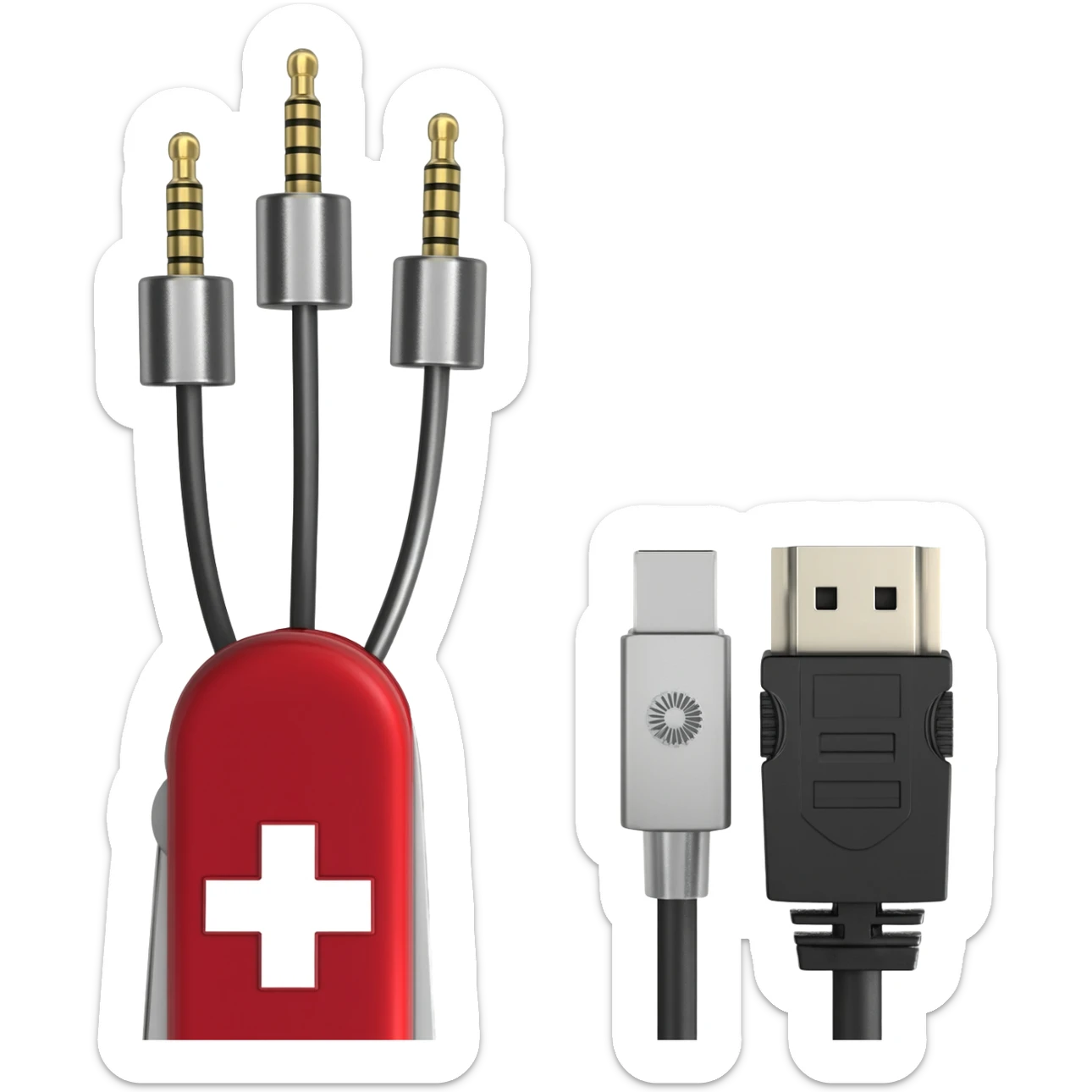 swiss army knife with 3.5mm audio cables and hdmi cables instead of knife blades sticker