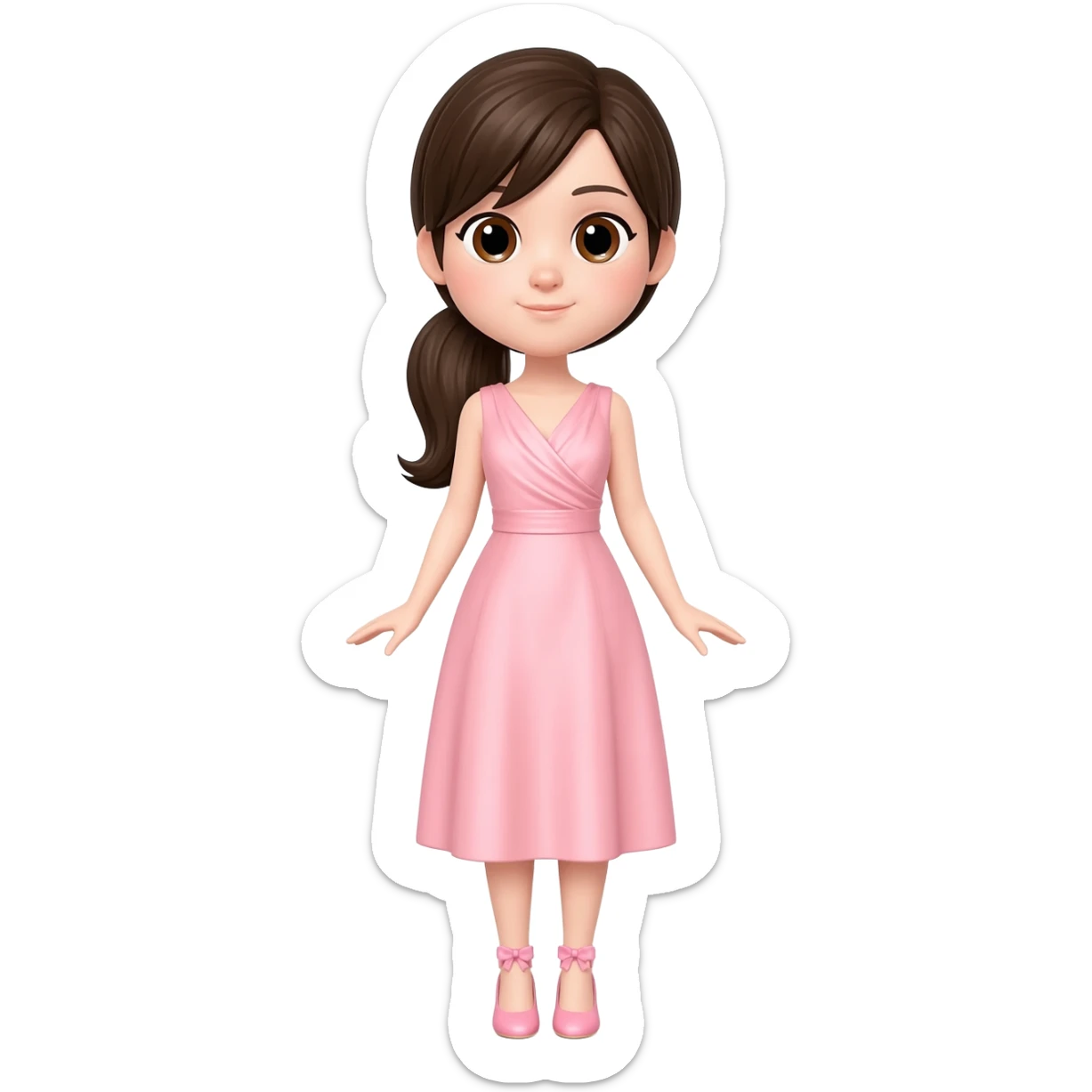 iOS emoji style 3D character, cute Asian woman with fair skin, big brown eyes, long dark brown half ponytail hair, wearing an elegant pastel pink dress with a draped neckline and knee-length skirt, pink heels with bow, full body standing pose, glossy Apple memoji style. sticker