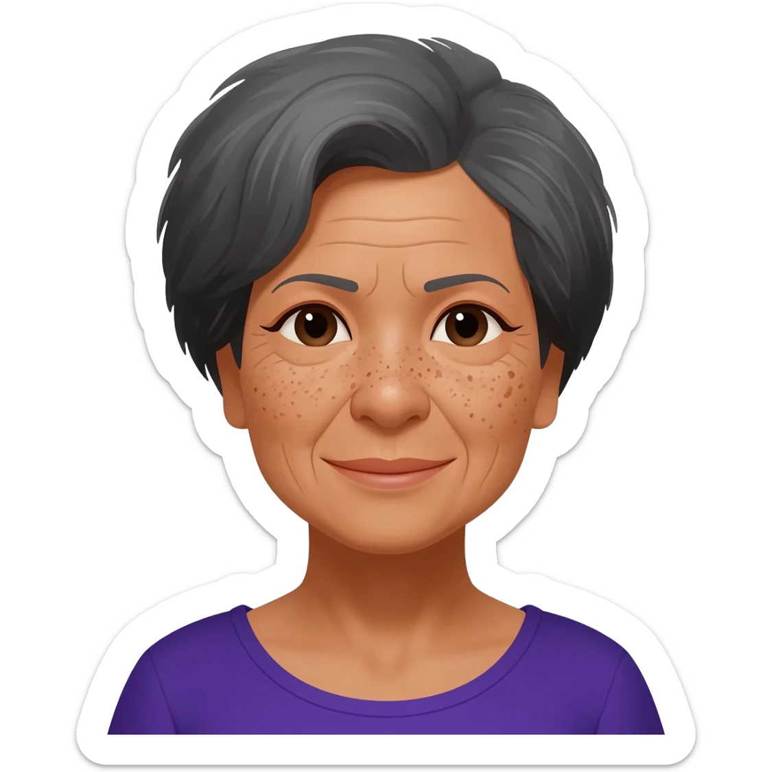 grandma, very short hair, tan, dark grey hair, filipina, freckles all over face sticker