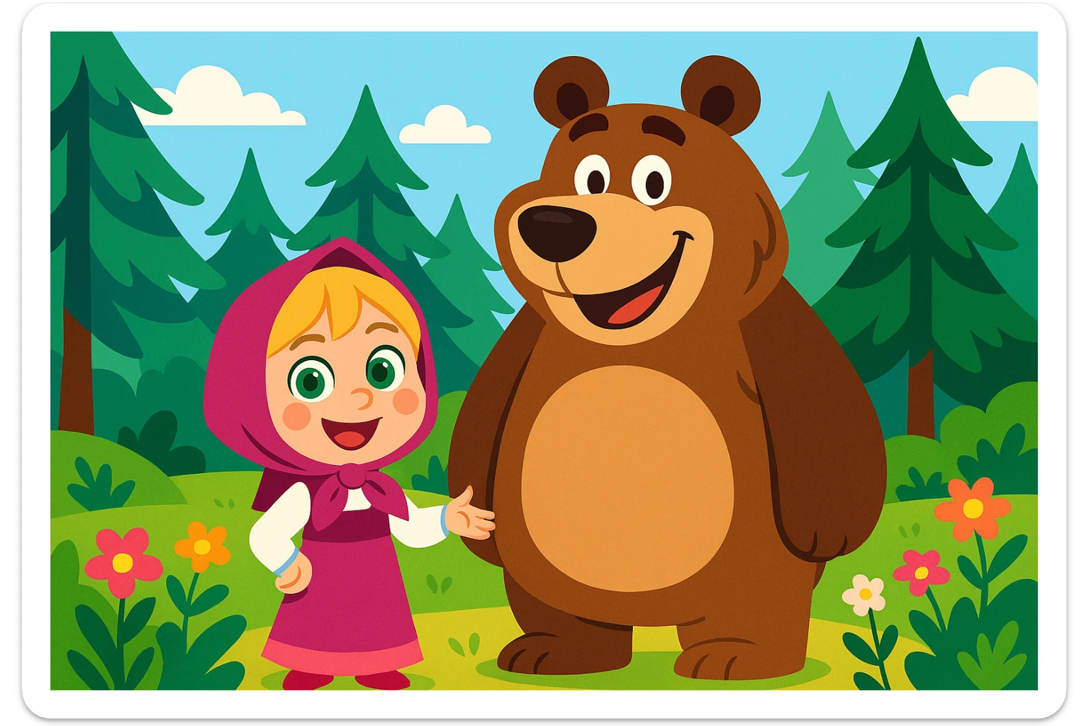 whimsical cartoon scene: smiling blonde girl with green eyes, pink dress and headscarf, next to a big friendly brown bear in a lush green forest with tall pines and colorful flowers, bright clean background sticker