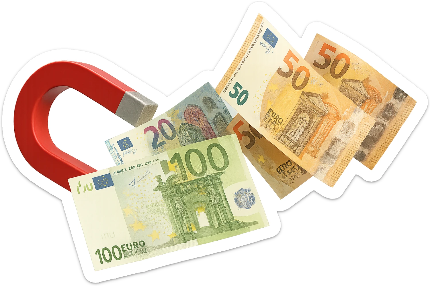 banconote di euro fluttuano vicino ad una calamita rossa, sono attratte, iperrealistico 4k sticker