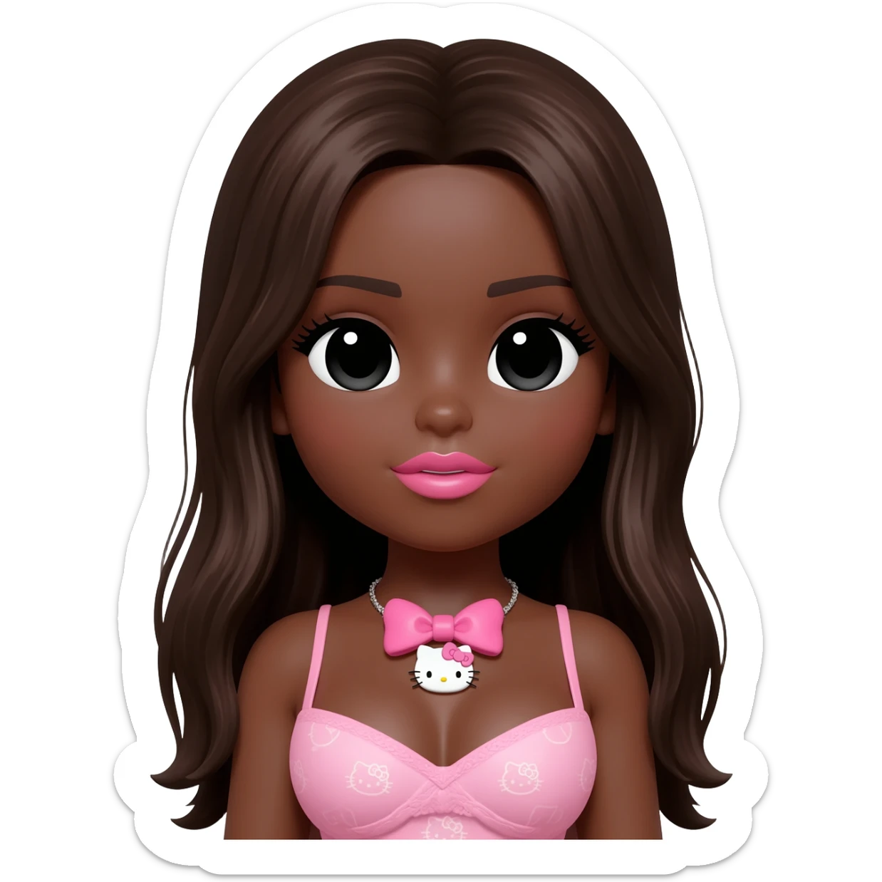 hello kitty necklace, doll eyes, Doll, big chest, dark brown skin, with middle part long dark brunette hair,  black cute eyes, pink bows with cute lips sticker