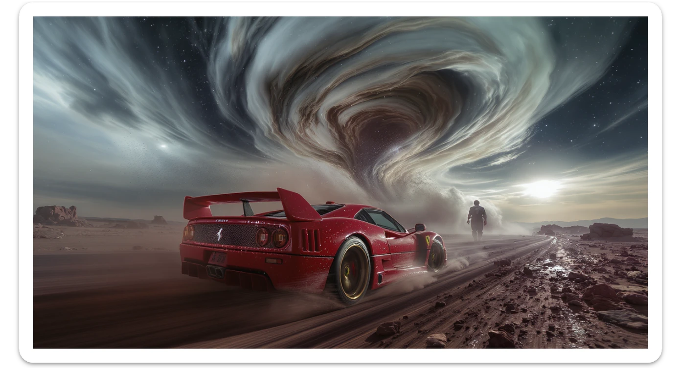 Cinematic still of a ferrari f40 around tornado od arizona desert, sun flare, captured by gopro hero with effect fisheye, water drops on car body, detailed, inspired by interstellar look, captured by a arri alexa sticker