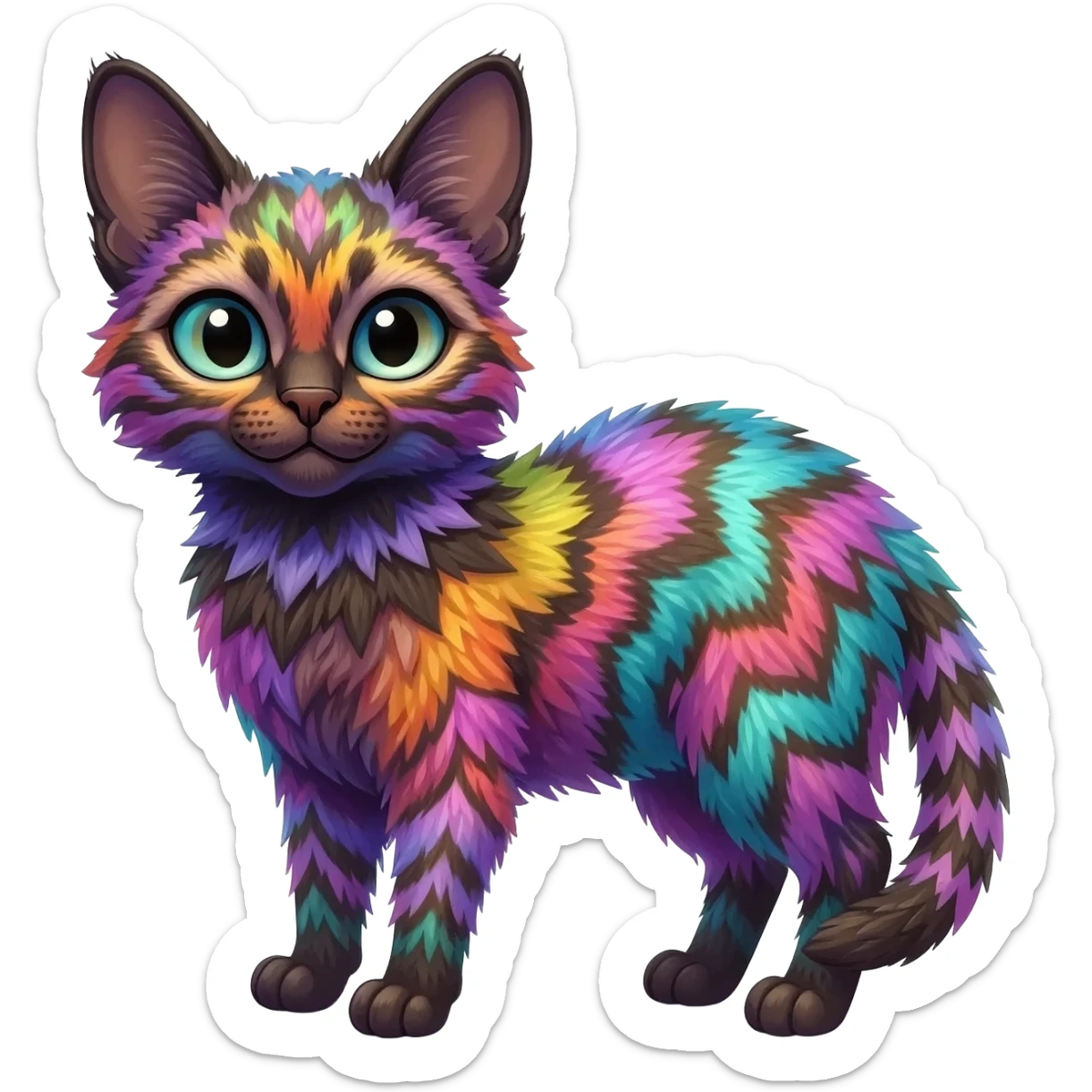 A Colorful iridescent exotic tropical tribal cute happy realistic esoteric patterned fluffy furry dark caracal-Lykoi-bobcat-sphynx-genet-civet-Fakémon-fursona-hybrid-fusion-animal-creature, full body, 4-legged sticker