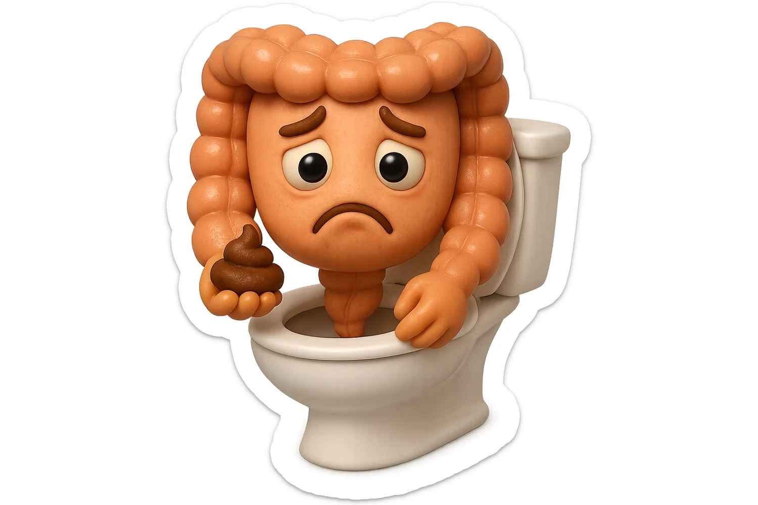 emoji stile iphone di un intestino realistico 3d che esce dal wc con in mano una montagnetta di feci con espressione triste a palline, iperrealistico 4k sticker