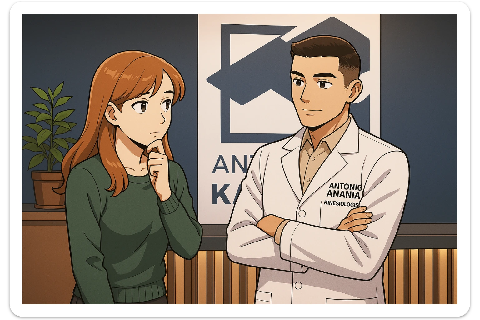 su questo stile fai un manga/webtoon a colori in cui una donna SI TOCCA IL MENTO CON L'INDICE MENTRE ASCOLTA PENSIEROSA L'UOMO, l'uomo della foto in stile manga LE SPIEGA CHE DEVE PROVARE LA SUA VALUTAZIONE MEDICA, mantieni un ambiente simile alla foto che ho allegato con il suo logo (sarebbe il suo studio, lui è un kinesiologo), scrivigli "ANTONIO ANANIA" sul camice bianco, non mettere fumetti, ma fai in modo che sembri che la donna ASCOLTI l'uomo sticker