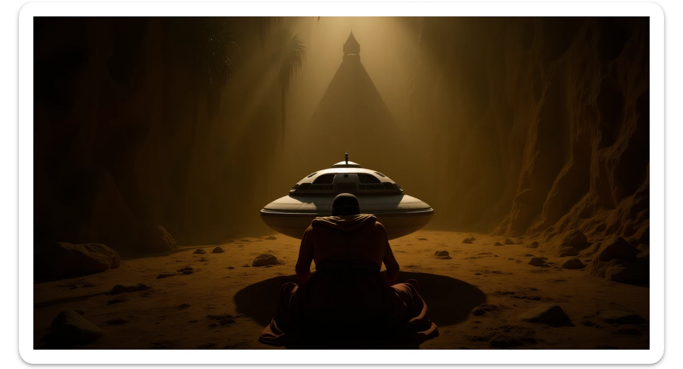 cinematic still, documentary photography, acient egypt, back shot of a man dress in ancient clothes in cave on ground laying front of small ufo starship, palms, dynamic scane, leading lines, captured by arri alexa, depth layers, piramids in babckground sticker