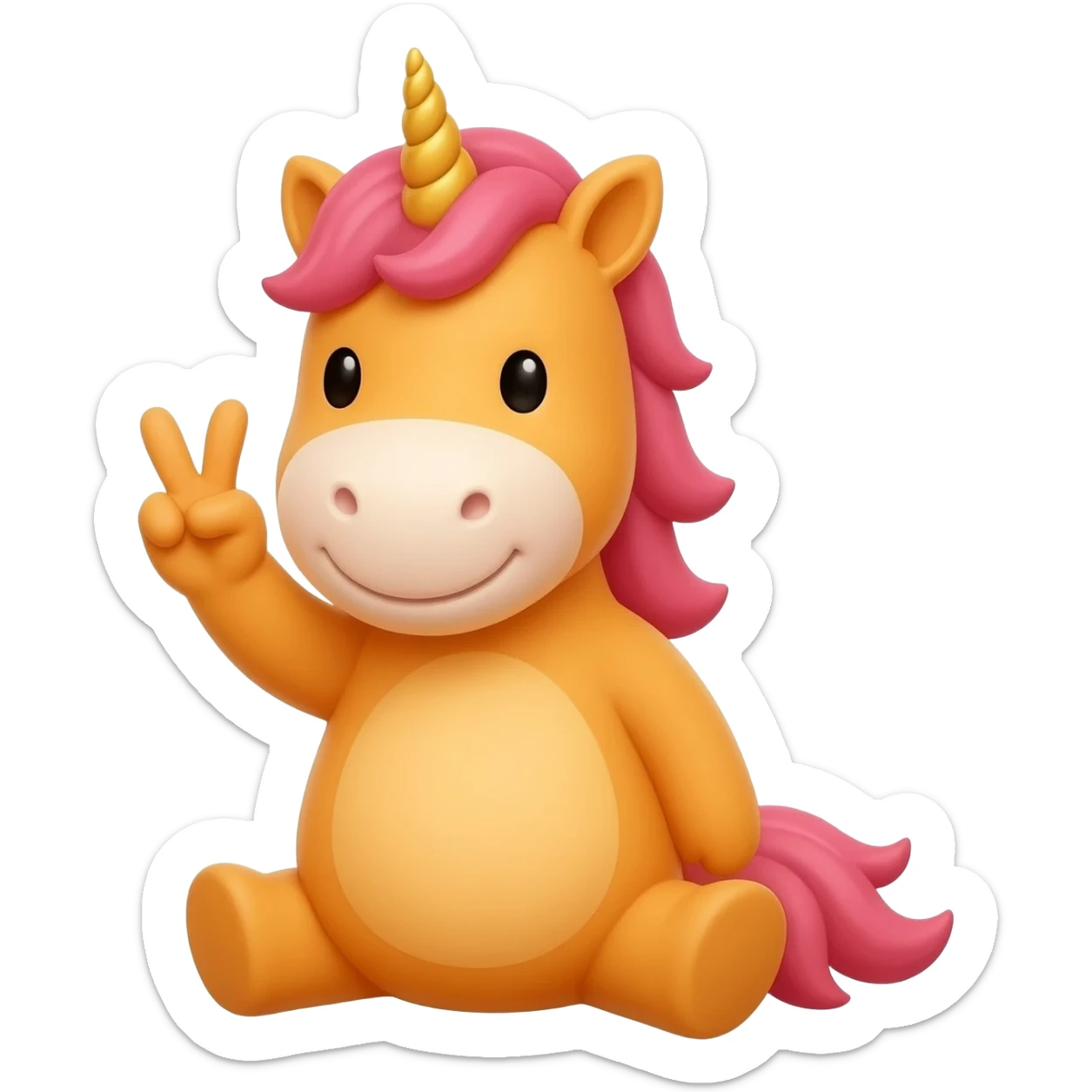 Unicornio bebé naranja sonriente sentado y haciendo signo de paz con los dedos sticker