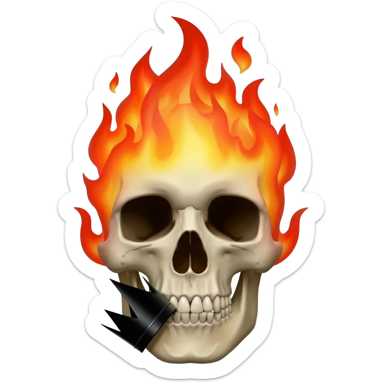 generate a skull burning with black flames and a black crown in its mouth sticker