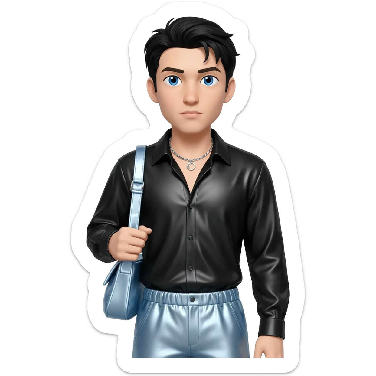 Ehren McGhehey with blue eyes, black hair, black metallic shirt, light steel blue metallic baggy pants, silver necklace sticker
