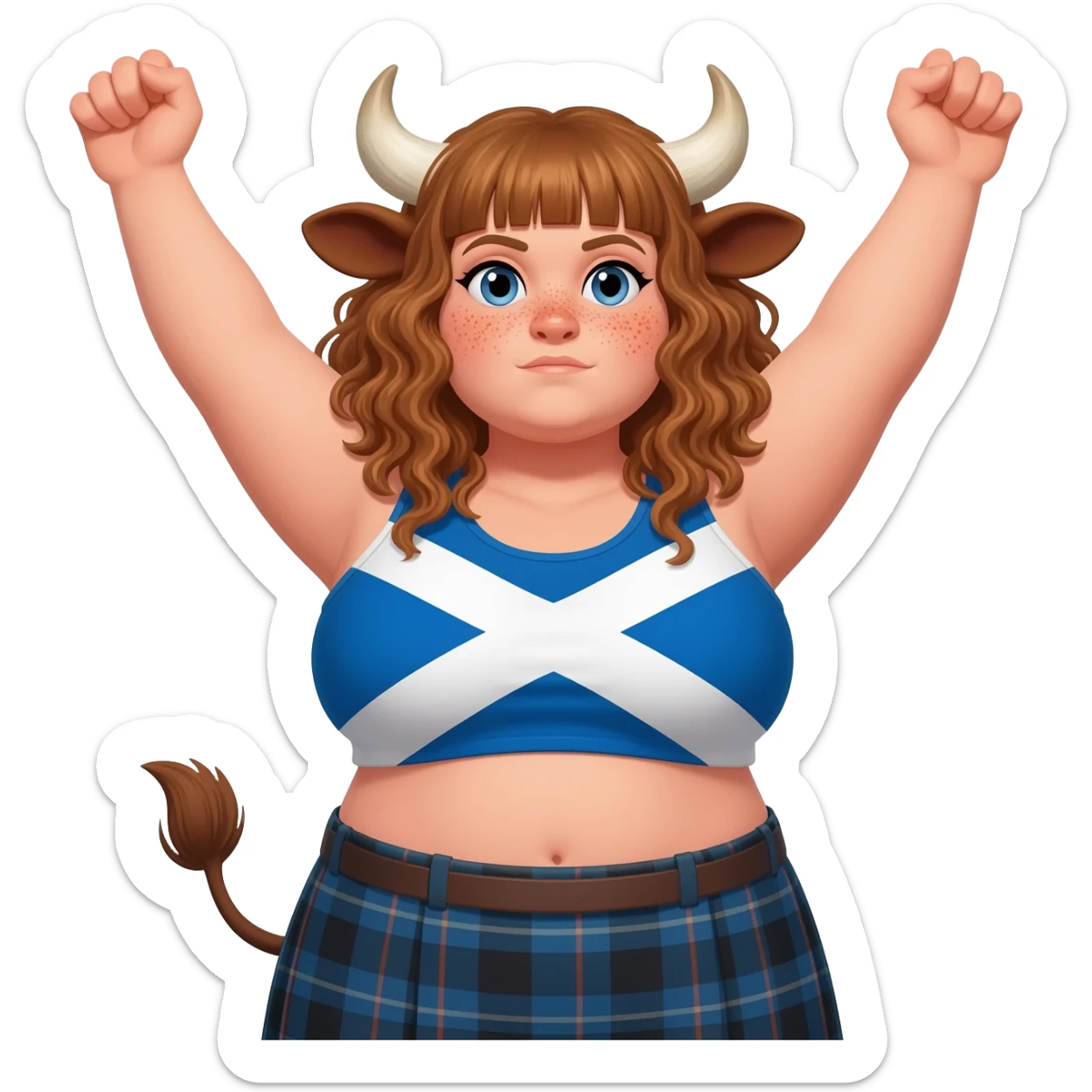 big buff curly woman with blue eyes with frecles with light brown messy hair with straight bangs with brown cow tail with fat thights with cow horns and cow brown ears with extra large breasts dressed in crop top with scottish flag stretches her arms up sticker