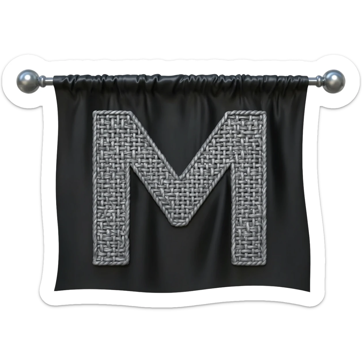 ...Minimalist 3D isometric render based on image_1.png: a large, sharp, geometric letter 'M' woven with matte steel-grey thread central on the draped black silk flag. Polished steel pole, pure white background for sticker quality --no background sticker