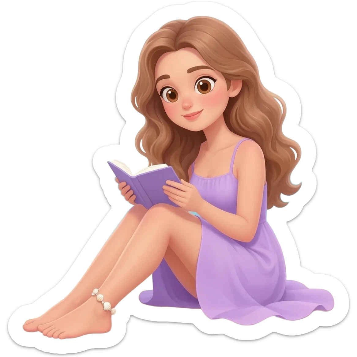 detailed emoji scene of a woman with long light brown wavy hair and light brown eyes reading a book on the beach, wearing a pastel purple dress, seashell anklet on her ankle, peaceful ocean background, relaxed summer atmosphere, emoji style illustration sticker