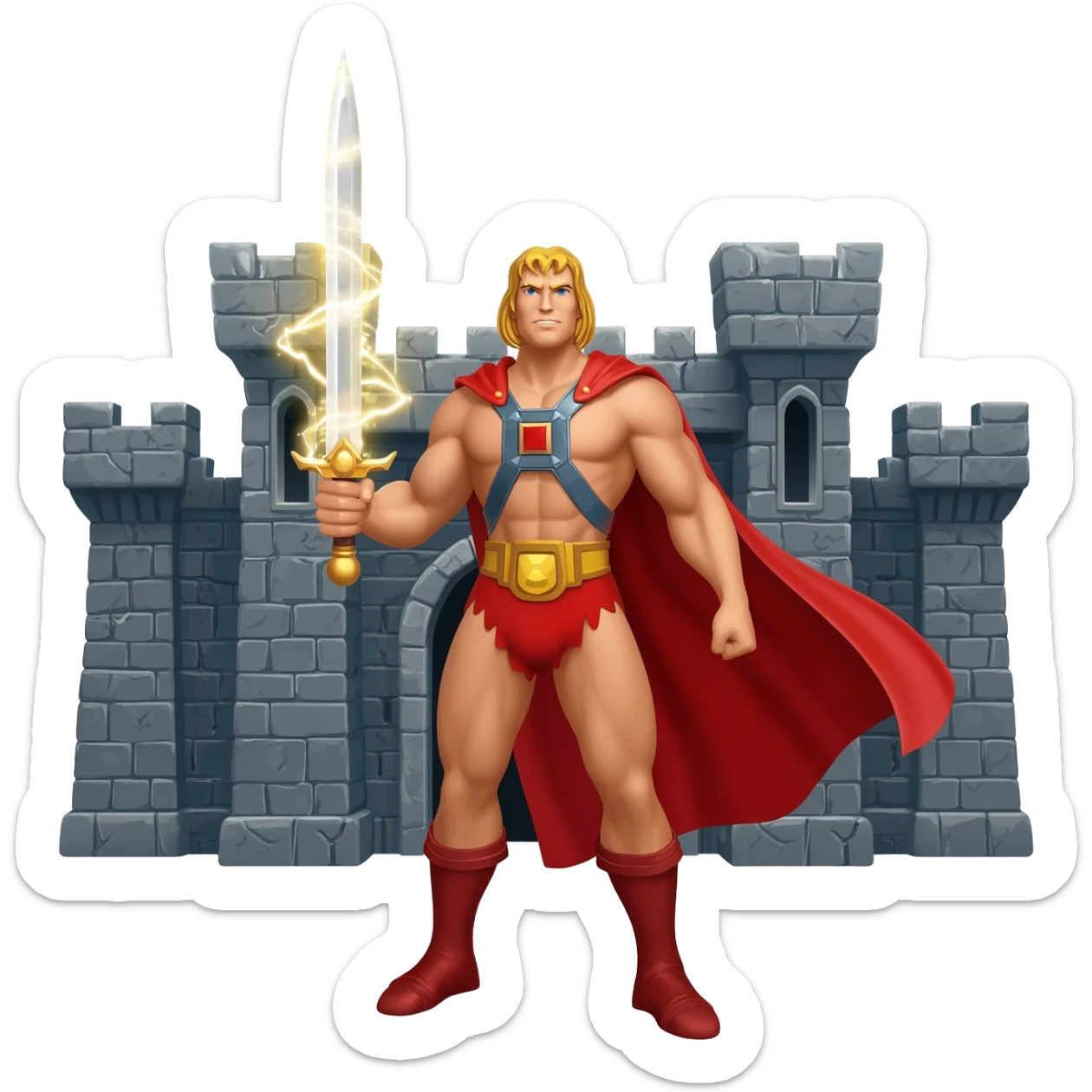 He-man in red cape holding up sword towards sky in front of grayskull castle with power color shooting from sword sticker