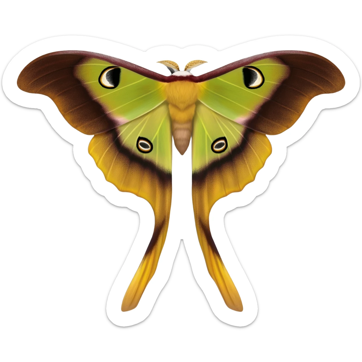 chinese moon moth from above, with accurately detailed wings and colouring, long tendril like lower wings, and little black eyes on top of head sticker