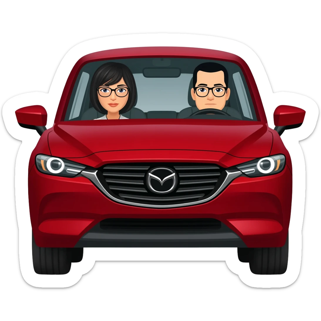 Camioneta roja mazda, con una mujer en el volante de pelo negro y lentes, y un copiloto hombre de pelo corto negro y lentes sticker
