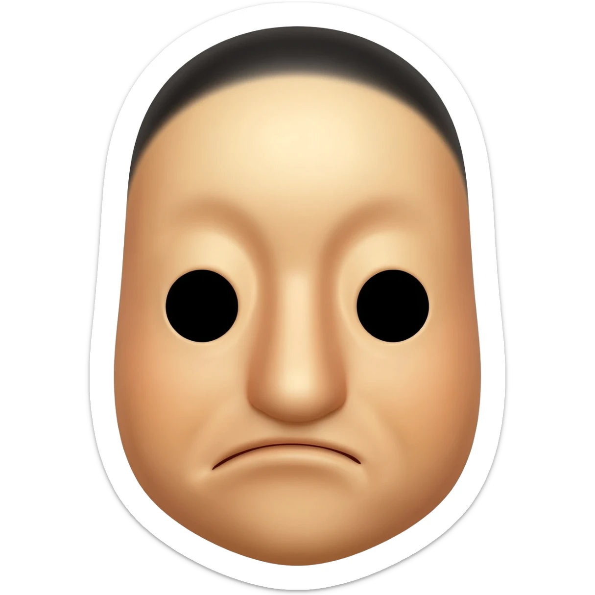 Hyottoko festival mask, a comical, puckered mouth to one side, round eyes, and a skin, rounded face, long nose sticker