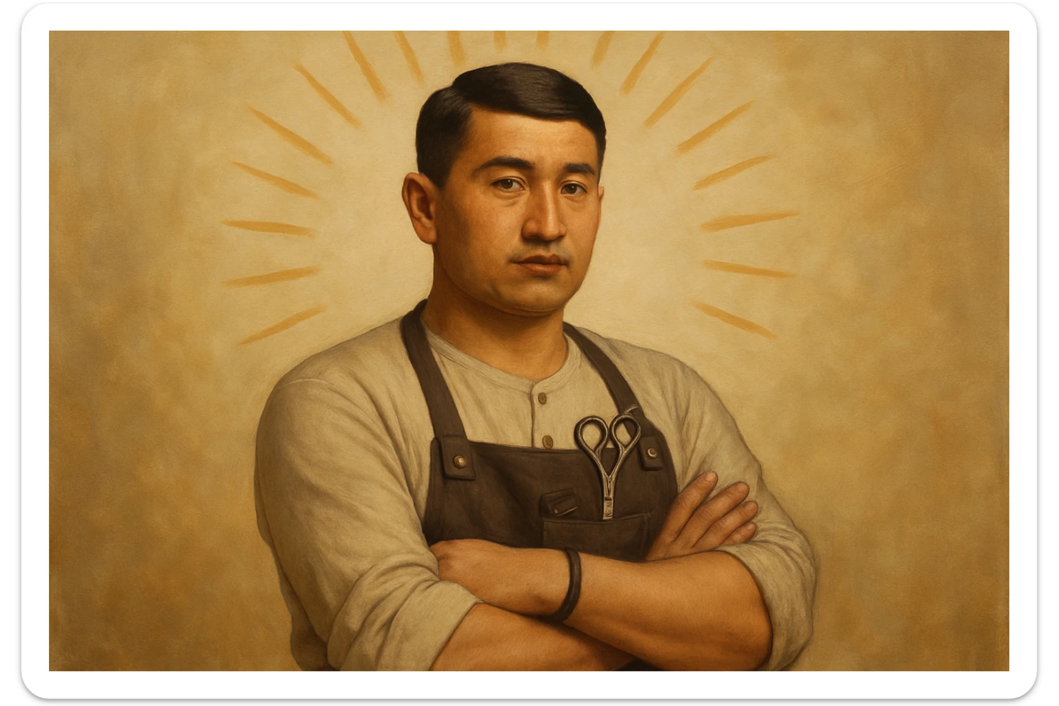 shu pozada turgan sartaroshni tuzib ber uzbek bo'lsin realistik janrda soch turmagi oddiy soqol shart emas sticker