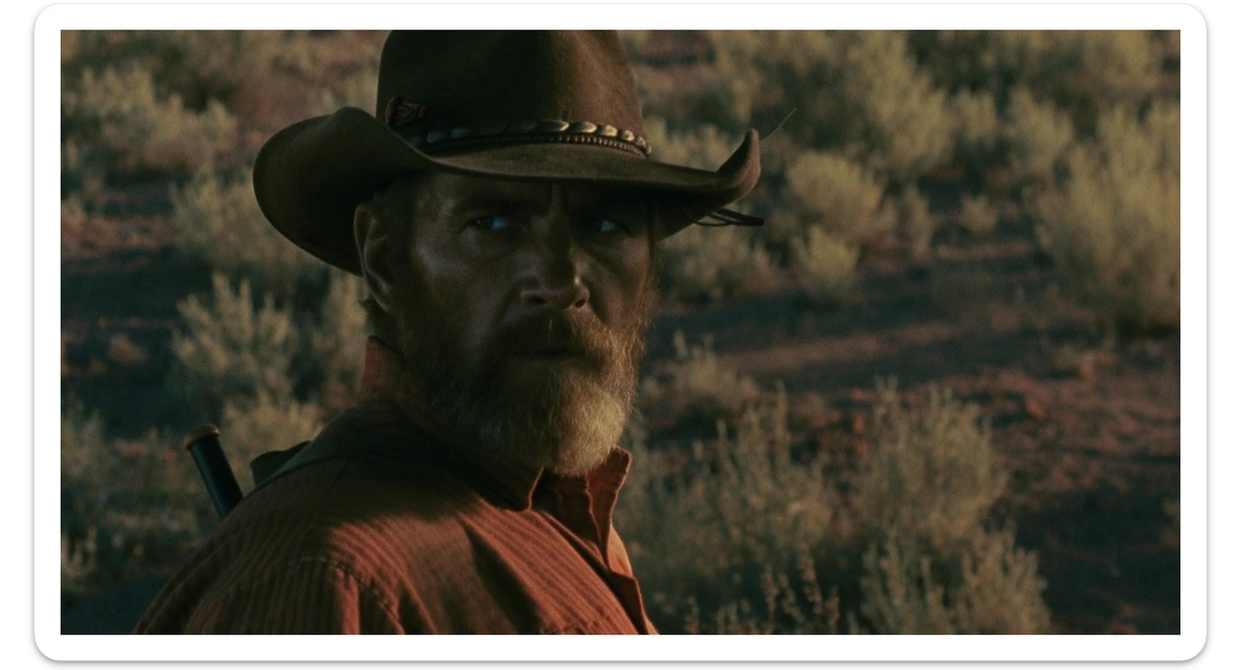 Cinematic , documentary photography, top angle medium shot, cowboy look eye brave, hard light golden hour, desert arizona, shot on IMAX Camera, 80s movie sticker