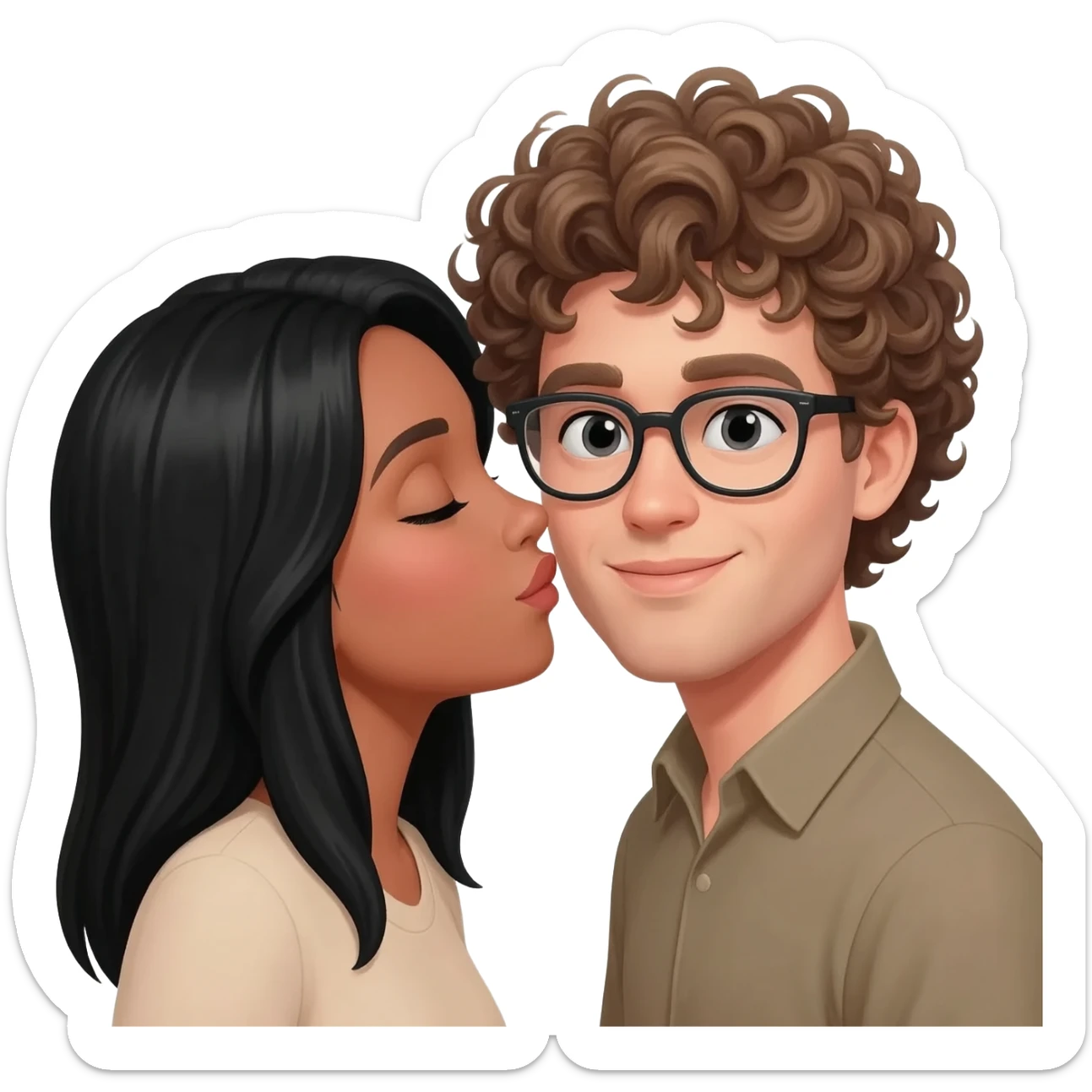 Light tan woman with black hair and man with curly dark blonde hair with glasses kissing sticker