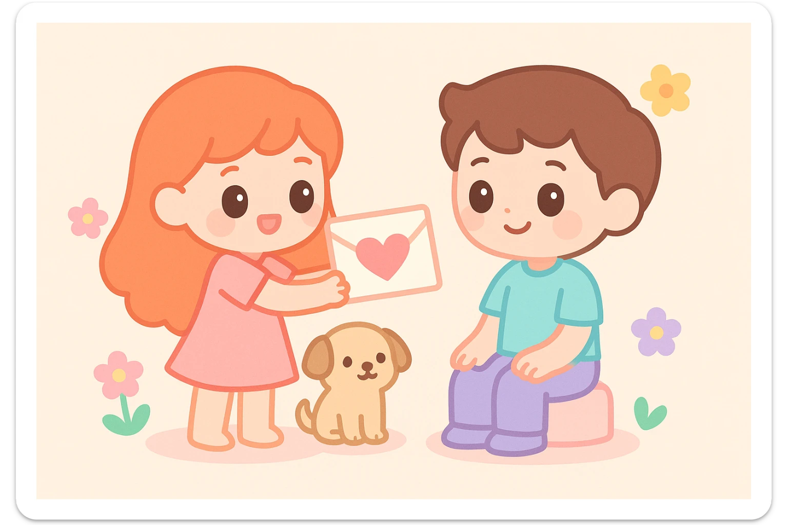 A red-haired girl giving a boy a handmade love letter, with flowers and a cute dog nearby. sticker