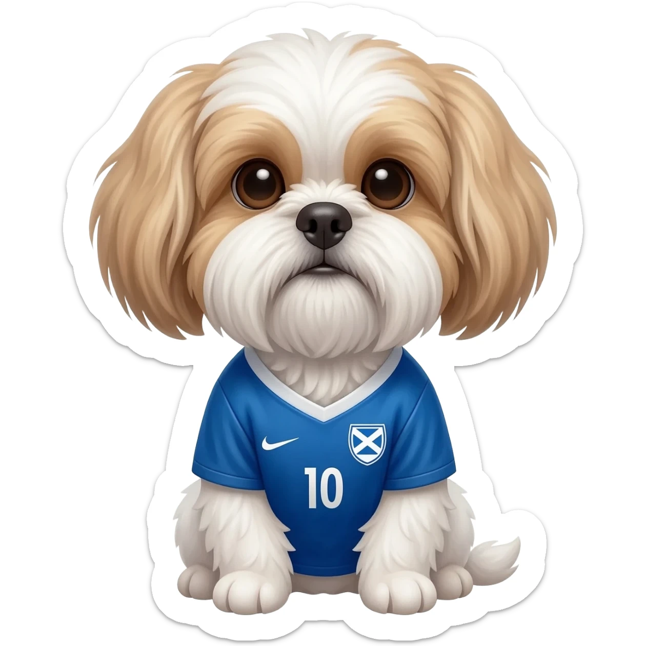 white and light brown shih zhu wearing a scotland soccer jersey v neck 2026 work cup sticker