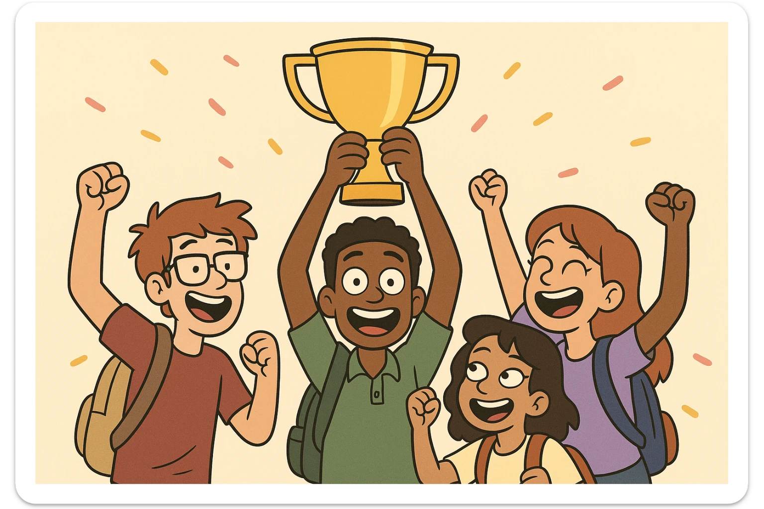 quatre jeunes étudiants, diversité visible, brandissent un trophée, dessin animé, ambiance festive sticker
