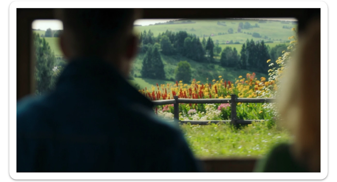 "Two shot" of a person in the foreground, blurred plants in the foreground (frame within a frame), a wooden fence and colorfull flowers in the midground, Poland, rolling hills in the background, cinematic depth of field, layered composition, natural lighting sticker