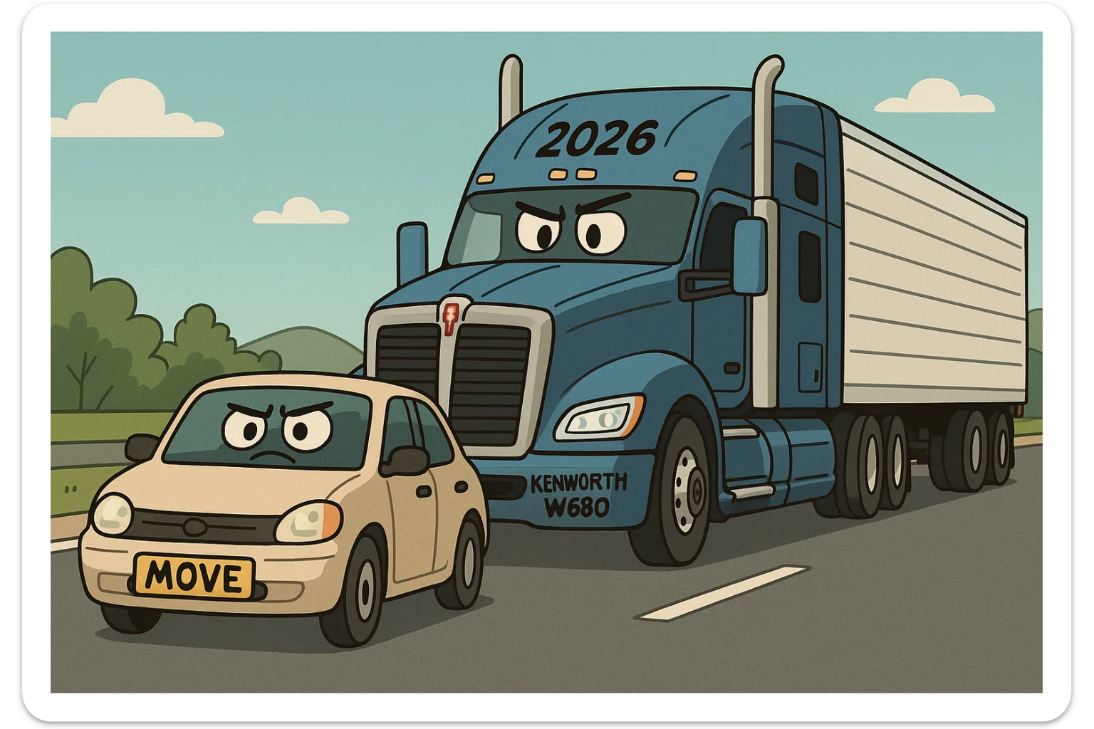 2026 Kenworth W680 semi sleeper truck driving down the road with a car in front displaying the word 'move' on it, cartoon style, clear road setting, fun and expressive sticker