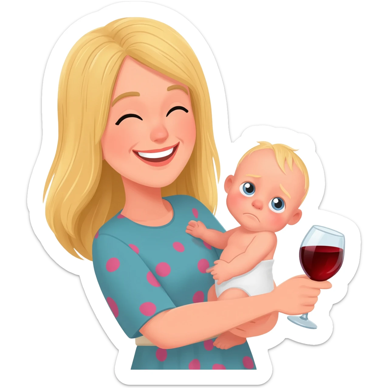 Happy girl, blond girl, mum to a baby, party vibe with a glass of red wine and tired sticker