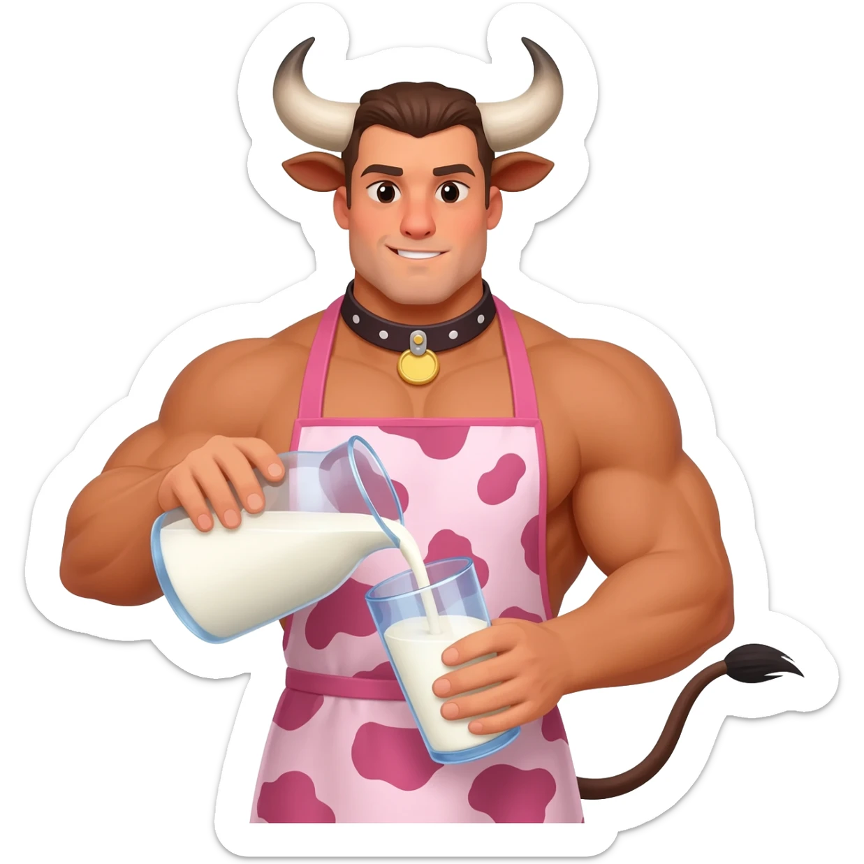 extra large muscular handsome man in the collar with bull horns and and bull ears bull tail dressed in cute apron with pink cow print pouring milk from a glass sticker