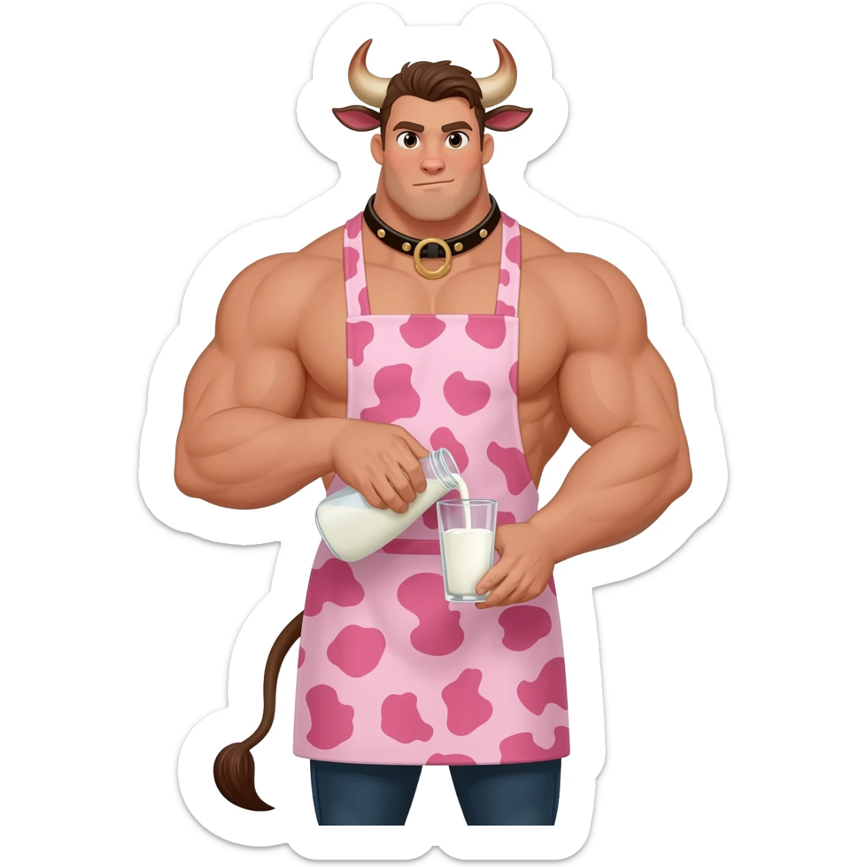 extra large muscular handsome man in the collar with bull horns and and bull ears bull tail dressed in cute apron with pink cow print pouring milk from a glass sticker