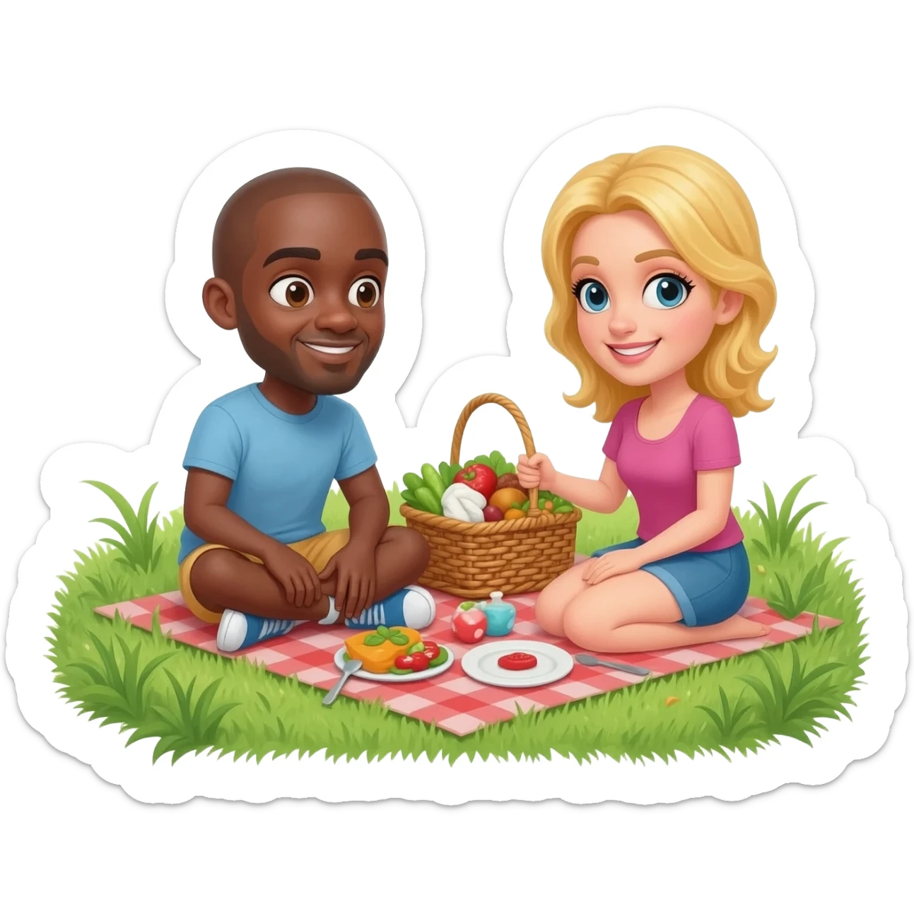 Black man with shaved head having picnic with blonde woman sticker