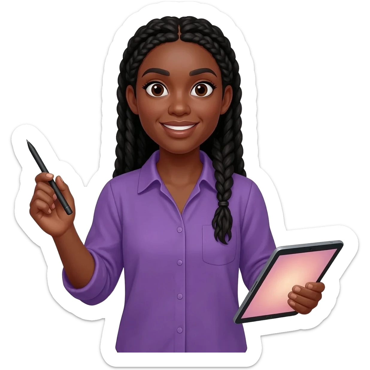 Émoji représentant une femme peau marron avec des longues nattes noires, une belle chemise violette, tenant un stylo digitale et une tablette digitale dans l'autre sticker
