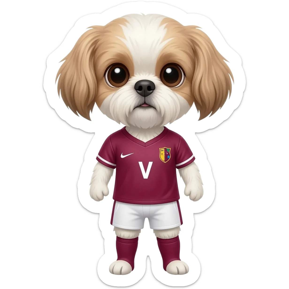 white and light brown shih zhu wearing a Qatar soccer jersey v neck 2026 work cup sticker