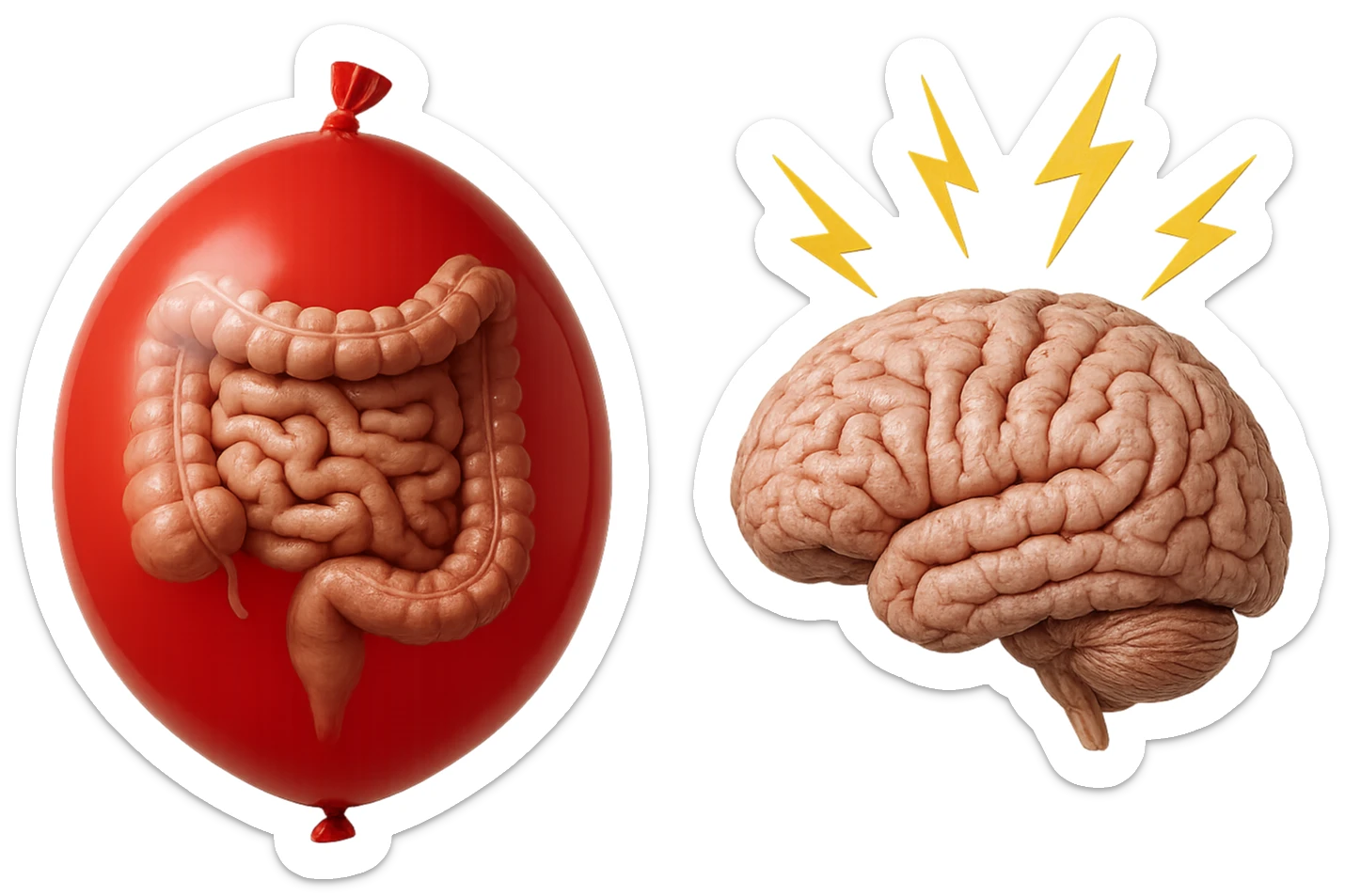 intestino umano anatomico chiuso in un palloncino rosso che simboleggia gonfiore, accanto un cervello anatomico con fulmini vicino che simboleggiano "stress", iperrealistico 4k sticker